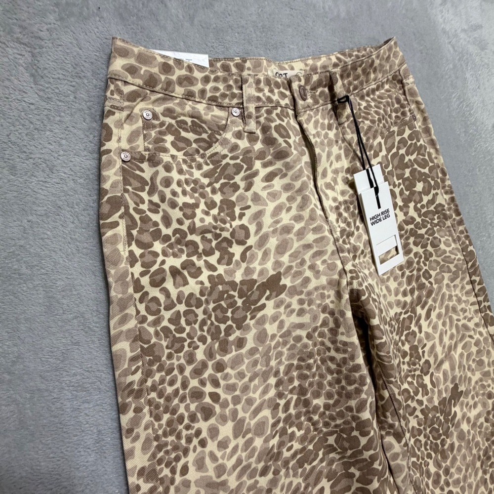 OAT New York High Rise Wide Leg Women 6/28 Tan Leopard Print Denim Jeans Party - Picture 2 of 14
